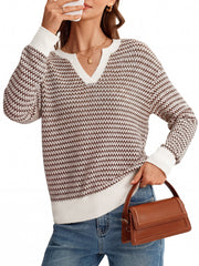 Arach&Cloz Women's 100% Cotton V Neck Striped Short Sleeve Polo Sweater