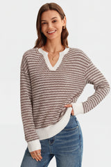 Arach&Cloz Women's 100% Cotton V Neck Striped Short Sleeve Polo Sweater