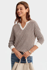 Arach&Cloz Women's 100% Cotton V Neck Striped Short Sleeve Polo Sweater