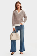 Arach&Cloz Women's 100% Cotton V Neck Striped Short Sleeve Polo Sweater