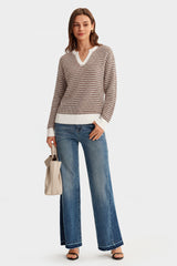 Arach&Cloz Women's 100% Cotton V Neck Striped Short Sleeve Polo Sweater