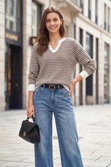 Arach&Cloz Women's 100% Cotton V Neck Striped Short Sleeve Polo Sweater