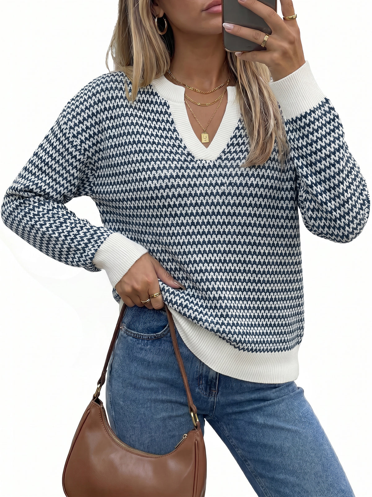 Arach&Cloz 100% Cotton V-Neck Polo Short-Sleeve Knit Top — Navy Blue — product image 11