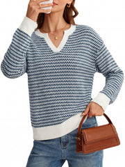 Arach&Cloz Women's 100% Cotton V Neck Striped Short Sleeve Polo Sweater