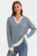Arach&Cloz Women's 100% Cotton V Neck Striped Short Sleeve Polo Sweater