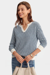 Arach&Cloz Women's 100% Cotton V Neck Striped Short Sleeve Polo Sweater