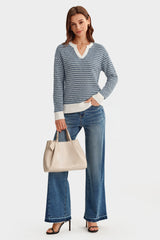 Arach&Cloz Women's 100% Cotton V Neck Striped Short Sleeve Polo Sweater