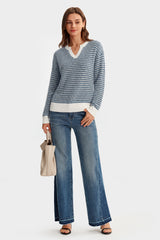 Arach&Cloz Women's 100% Cotton V Neck Striped Short Sleeve Polo Sweater
