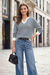 Arach&Cloz Women's 100% Cotton V Neck Striped Short Sleeve Polo Sweater
