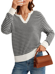 Arach&Cloz Women's 100% Cotton V Neck Striped Short Sleeve Polo Sweater