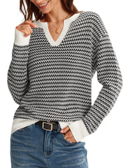 Arach&Cloz Women's 100% Cotton V Neck Striped Short Sleeve Polo Sweater
