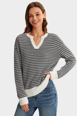 Arach&Cloz Women's 100% Cotton V Neck Striped Short Sleeve Polo Sweater