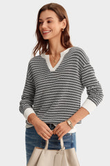 Arach&Cloz Women's 100% Cotton V Neck Striped Short Sleeve Polo Sweater