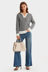 Arach&Cloz Women's 100% Cotton V Neck Striped Short Sleeve Polo Sweater