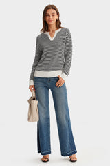 Arach&Cloz Women's 100% Cotton V Neck Striped Short Sleeve Polo Sweater