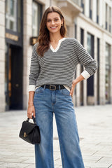 Arach&Cloz Women's 100% Cotton V Neck Striped Short Sleeve Polo Sweater