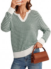 Arach&Cloz Women's 100% Cotton V Neck Striped Short Sleeve Polo Sweater
