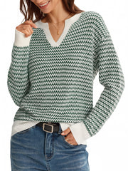 Arach&Cloz Women's 100% Cotton V Neck Striped Short Sleeve Polo Sweater