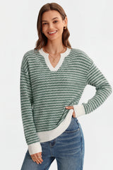 Arach&Cloz Women's 100% Cotton V Neck Striped Short Sleeve Polo Sweater
