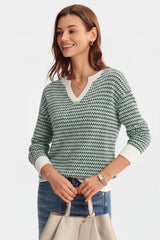Arach&Cloz Women's 100% Cotton V Neck Striped Short Sleeve Polo Sweater