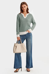 Arach&Cloz Women's 100% Cotton V Neck Striped Short Sleeve Polo Sweater