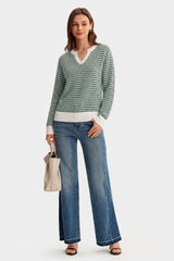 Arach&Cloz Women's 100% Cotton V Neck Striped Short Sleeve Polo Sweater