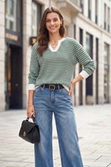 Arach&Cloz Women's 100% Cotton V Neck Striped Short Sleeve Polo Sweater