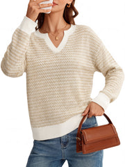 Arach&Cloz Women's 100% Cotton V Neck Striped Short Sleeve Polo Sweater