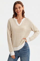 Arach&Cloz Women's 100% Cotton V Neck Striped Short Sleeve Polo Sweater