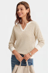 Arach&Cloz Women's 100% Cotton V Neck Striped Short Sleeve Polo Sweater