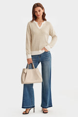 Arach&Cloz Women's 100% Cotton V Neck Striped Short Sleeve Polo Sweater