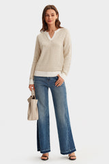 Arach&Cloz Women's 100% Cotton V Neck Striped Short Sleeve Polo Sweater