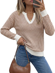 Arach&Cloz Women's 100% Cotton V Neck Striped Short Sleeve Polo Sweater
