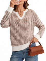 Arach&Cloz Women's 100% Cotton V Neck Striped Short Sleeve Polo Sweater