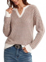 Arach&Cloz Women's 100% Cotton V Neck Striped Short Sleeve Polo Sweater