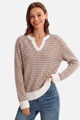 Arach&Cloz Women's 100% Cotton V Neck Striped Short Sleeve Polo Sweater