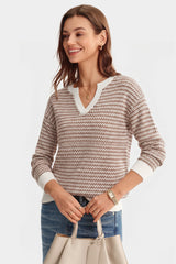 Arach&Cloz Women's 100% Cotton V Neck Striped Short Sleeve Polo Sweater