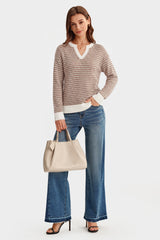Arach&Cloz Women's 100% Cotton V Neck Striped Short Sleeve Polo Sweater