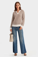 Arach&Cloz Women's 100% Cotton V Neck Striped Short Sleeve Polo Sweater