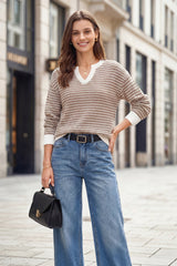 Arach&Cloz Women's 100% Cotton V Neck Striped Short Sleeve Polo Sweater