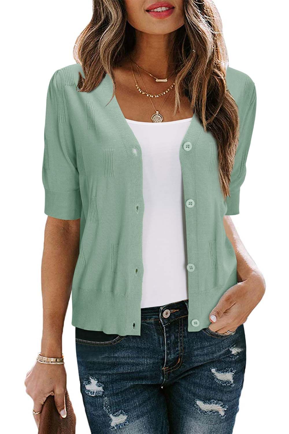 Arach&Cloz Women's Lightweight Summer Business Casual Cropped Short Sleeve Cardigan
