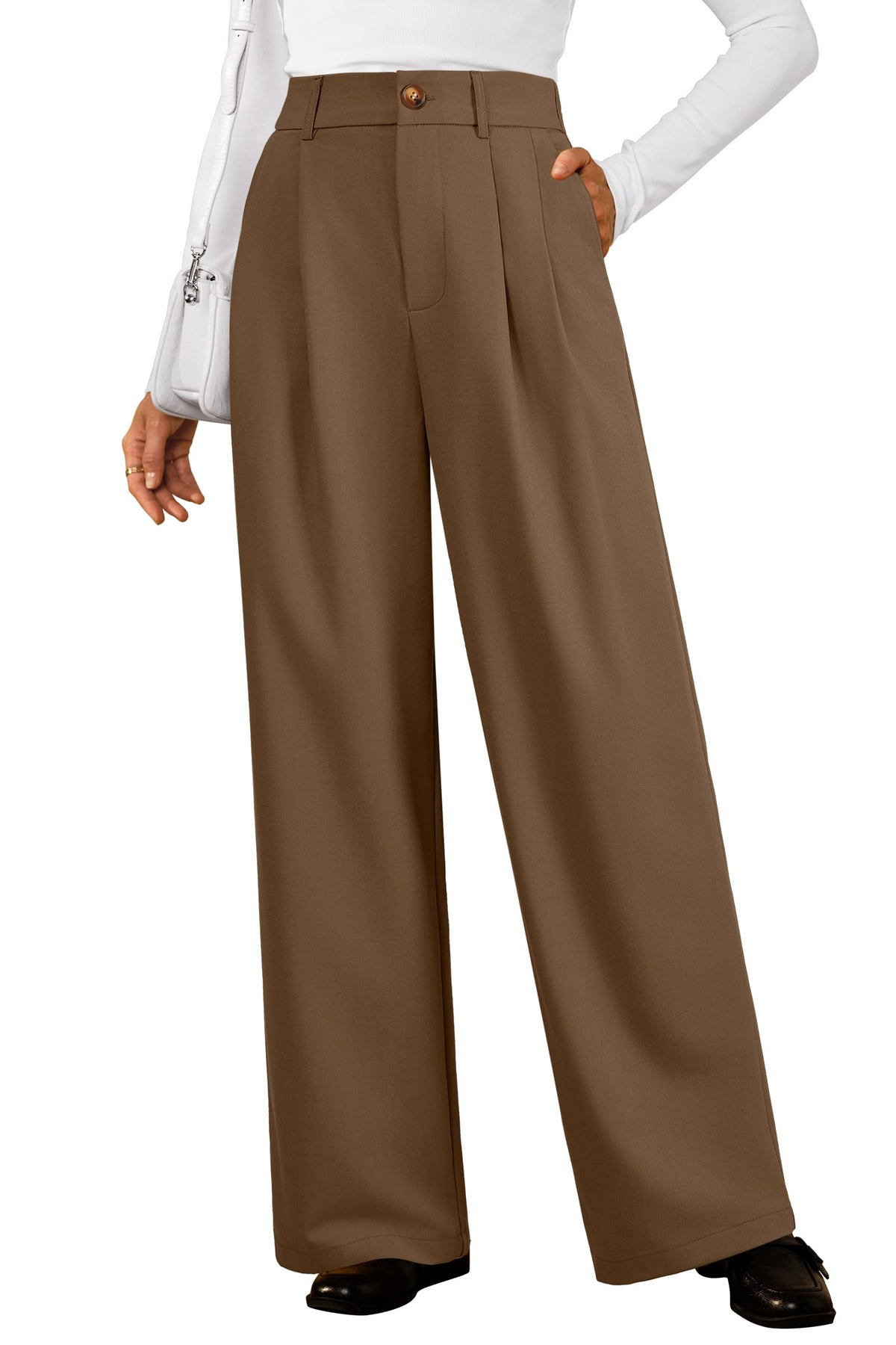 Arach&Cloz Women's Wool Blend Elastic Waist Straight Leg Business Casual Pants 2025