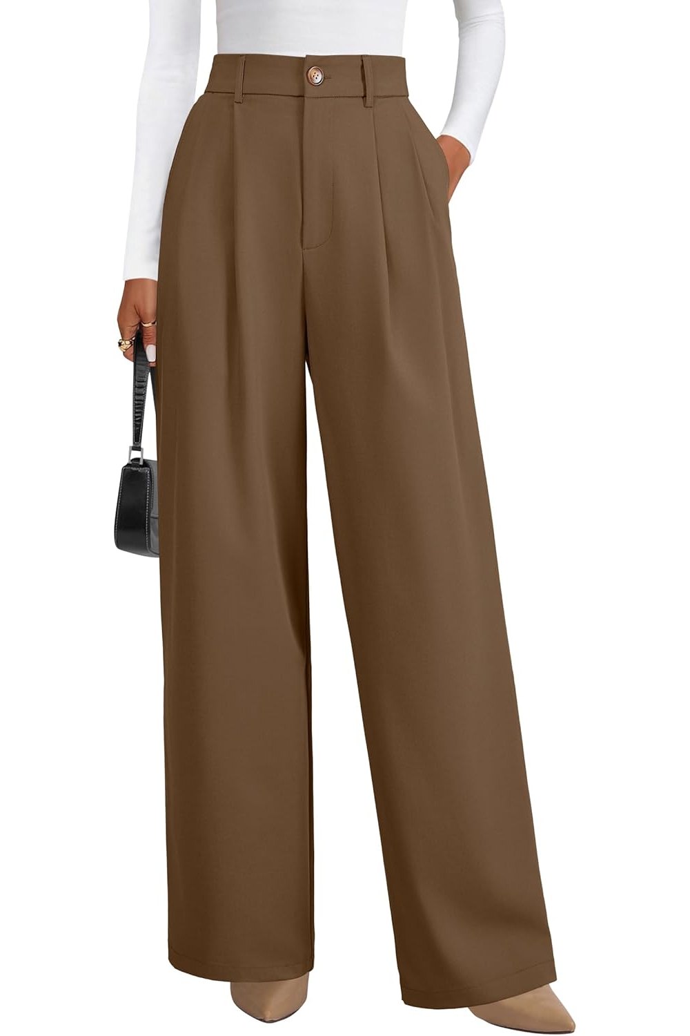 Arach&Cloz Women's Wool Blend Elastic Waist Straight Leg Business Casual Pants 2025