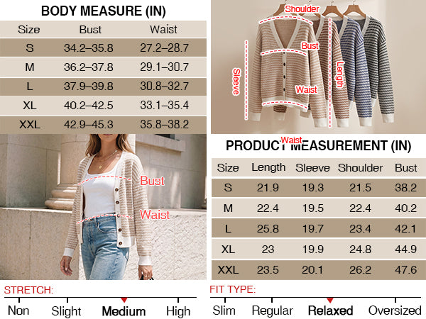 Women's V Neck Button Front Striped Casual Fall Cardigan Sweater A+ 图文