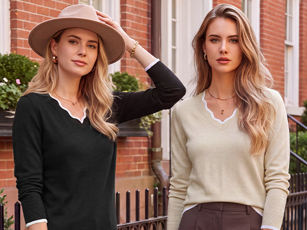 Women's 2026 Fall V Neck Sweaters Pullover Long Sleeve Knit Tops A+ 图文