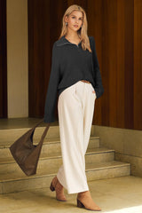 Arach&Cloz Women's Wool Blend Lapel Quarter Zip Fall Winter Trendy Casual Oversized Fit Sweater Top