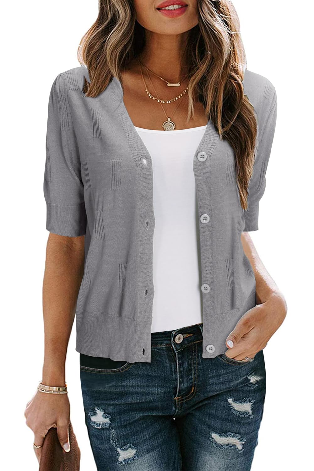 Arach&Cloz Women's Lightweight Summer Business Casual Cropped Short Sleeve Cardigan