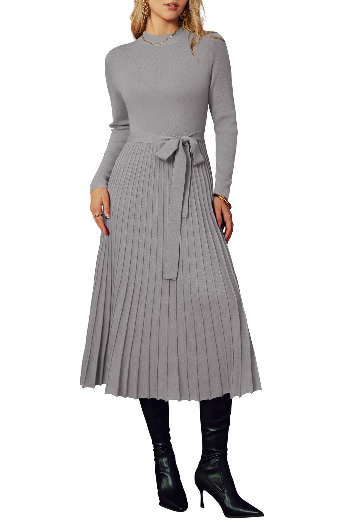 Arach&Cloz Wool-Blend Tie-Waist Mock-Neck Pleated Dress — product image 11