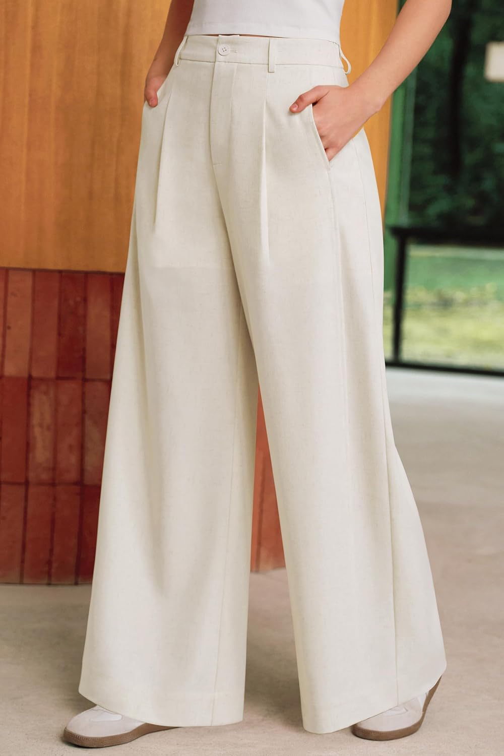 Arach&Cloz Womens Linen Blend Wide Leg All-Season Business Casual Outfits Dress Pants