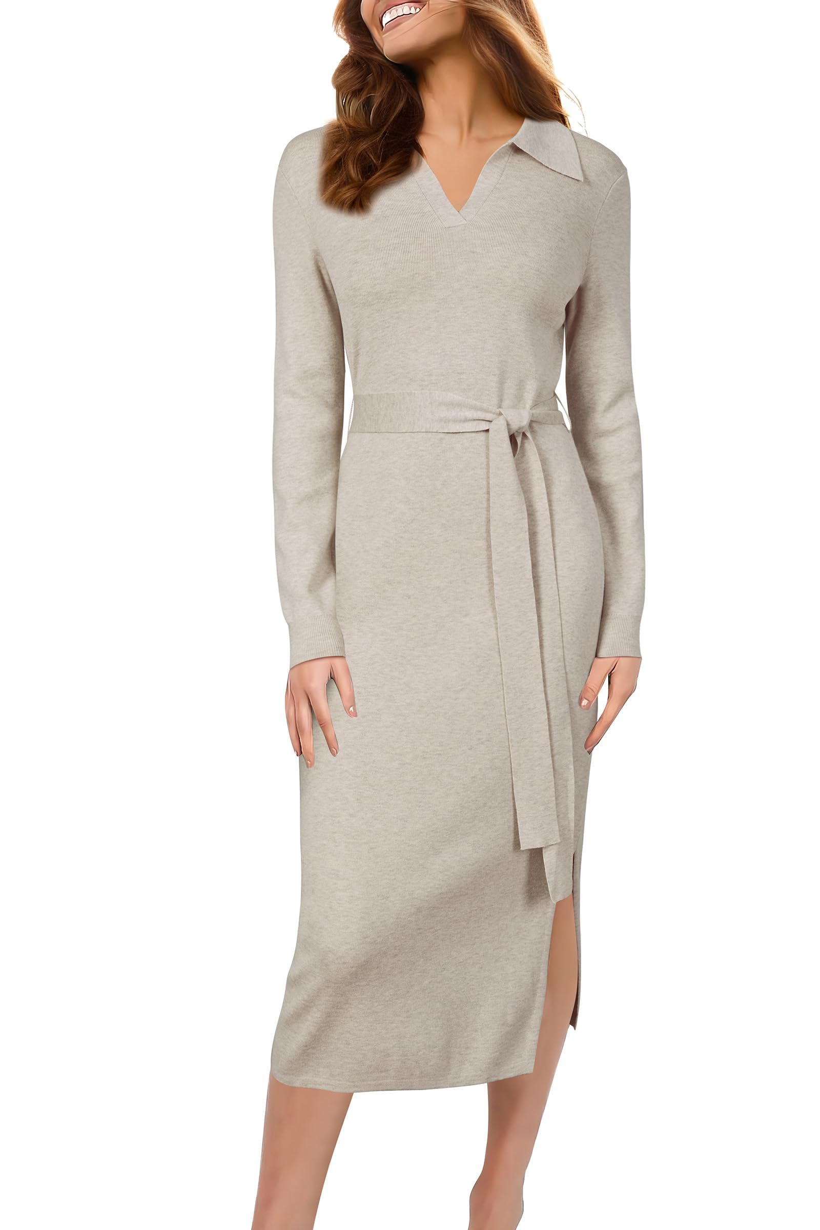 Arach&Cloz Women's Wool Blend Side Slit Polo Sweater Dresses 2025 Fall Business Casual Outfits